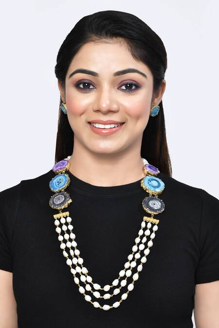 Posh By Rathore_Multi Color Druzy Stone Embellished Necklace Set _Online_at_Aza_Fashions