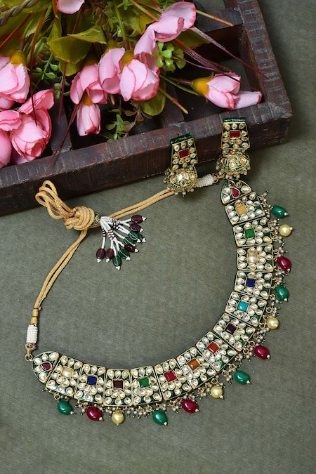 Buy_Posh By Rathore_Multi Color Stones, Beads Embellished Choker Set _Online_at_Aza_Fashions
