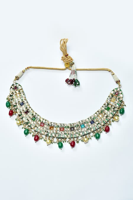 Shop_Posh By Rathore_Multi Color Stones, Beads Embellished Choker Set _Online_at_Aza_Fashions