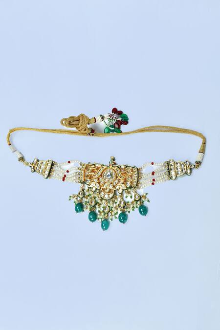 Buy_Posh By Rathore_White Fabric Flowers, Stones, Beads Embellished Choker Set _Online_at_Aza_Fashions