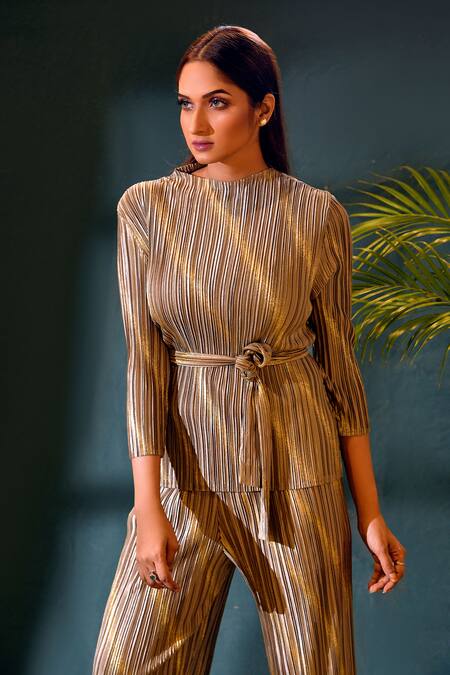 Crimp_Gold Polyester High Neck Metallic Textured Top With Pant_Online_at_Aza_Fashions