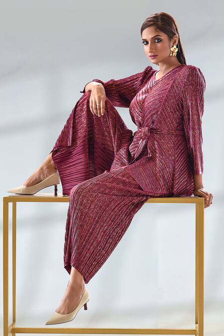 Shop_Crimp_Red Polyester Metallic Thread V-neck Asymmetric Top With Pant_at_Aza_Fashions