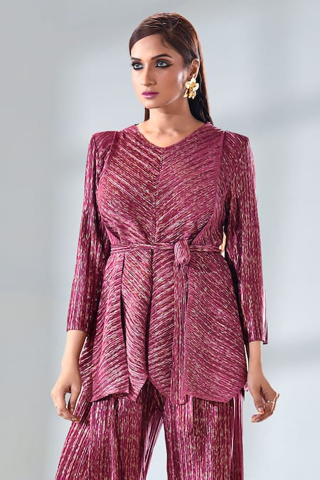 Crimp Red Polyester Metallic Thread V-neck Asymmetric Top With Pant Online at Aza Fashions Crimp_Red Polyester Metallic Thread V-neck Asymmetric Top With Pant_Online_at_Aza_Fashions