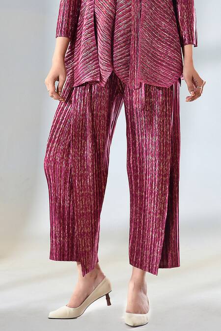 Buy_Crimp_Red Polyester Metallic Thread V-neck Asymmetric Top With Pant_Online_at_Aza_Fashions