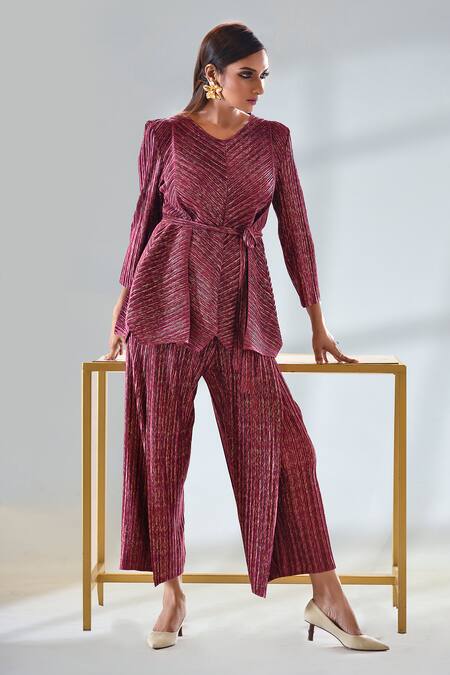 Shop_Crimp_Red Polyester Metallic Thread V-neck Asymmetric Top With Pant_Online_at_Aza_Fashions