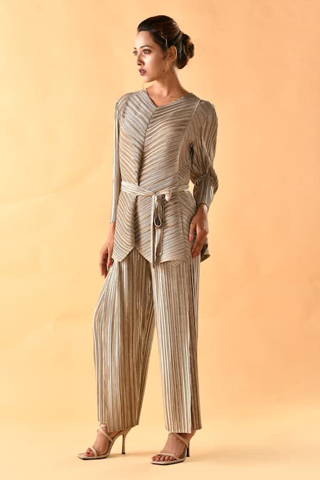 Crimp Textured Metallic Top With Pant 