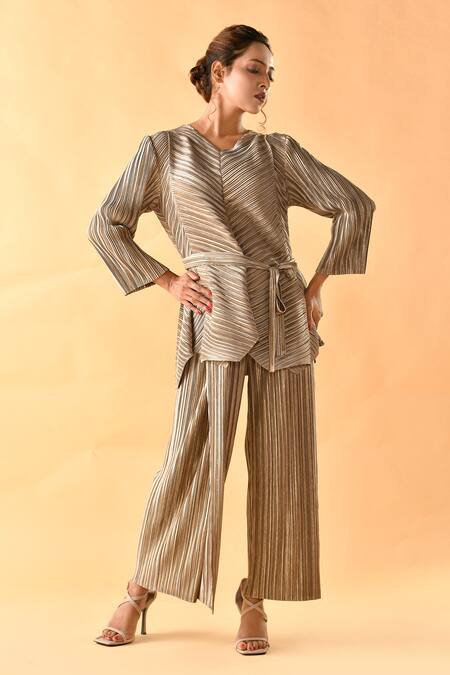 Shop_Crimp_Gold Polyester V-neck Textured Metallic Top With Pant_at_Aza_Fashions