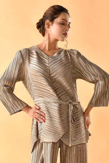 Crimp Gold Polyester V-neck Textured Metallic Top With Pant Online at Aza Fashions Crimp_Gold Polyester V-neck Textured Metallic Top With Pant_Online_at_Aza_Fashions