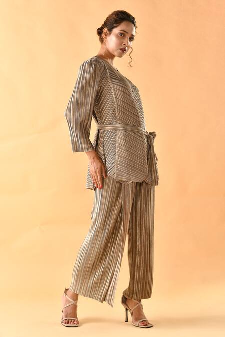 Buy_Crimp_Gold Polyester V-neck Textured Metallic Top With Pant_Online_at_Aza_Fashions