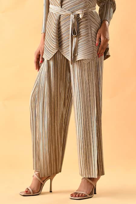 Shop_Crimp_Gold Polyester V-neck Textured Metallic Top With Pant_Online_at_Aza_Fashions