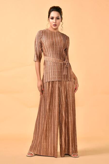 Buy_Crimp_Brown Polyester Round Neck Textured High Low Top With Pant_Online_at_Aza_Fashions