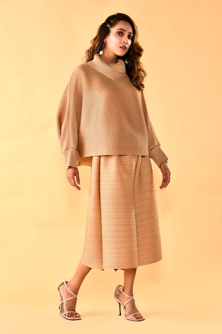 Shop_Crimp_Beige Polyester Turtle Neck Batwing Sleeve Top With Pant _at_Aza_Fashions