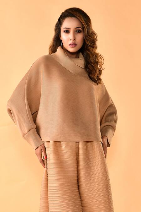 Crimp_Beige Polyester Turtle Neck Batwing Sleeve Top With Pant _Online_at_Aza_Fashions