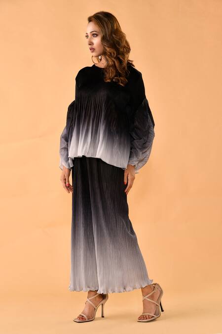 Shop_Crimp_Grey Polyester Round Neck Ombre Textured Top With Pant _at_Aza_Fashions