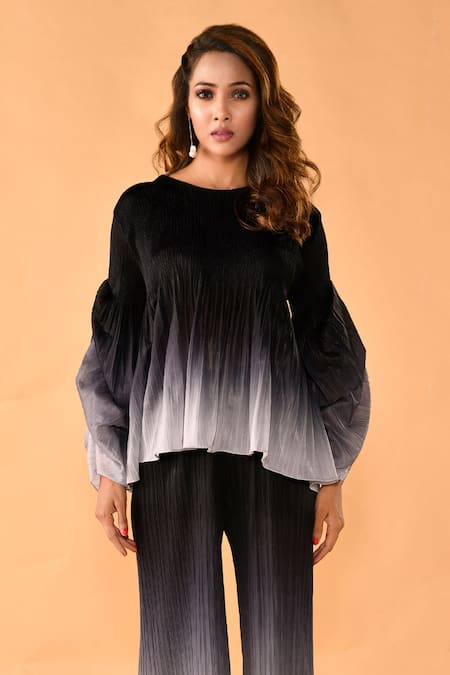 Crimp_Grey Polyester Round Neck Ombre Textured Top With Pant _Online_at_Aza_Fashions