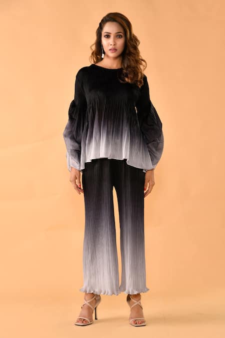 Buy_Crimp_Grey Polyester Round Neck Ombre Textured Top With Pant _Online_at_Aza_Fashions