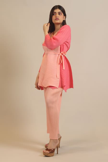 Buy_Crimp_Peach Polyester V-neck Tonal Textured Top With Pant_Online_at_Aza_Fashions