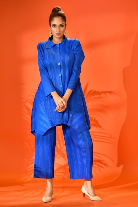 Crimp Blue Polyester Shawl Neck Textured Button Down Tunic With Pant