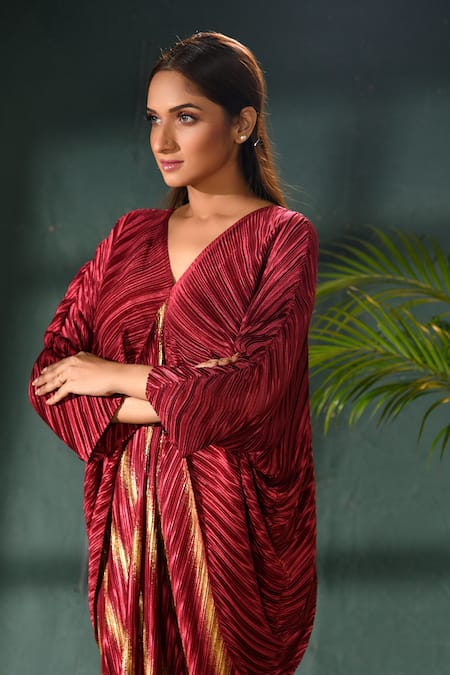 Crimp Red Polyester V-neck Panelled Draped Dress Online at Aza Fashions Crimp_Red Polyester V-neck Panelled Draped Dress_Online_at_Aza_Fashions