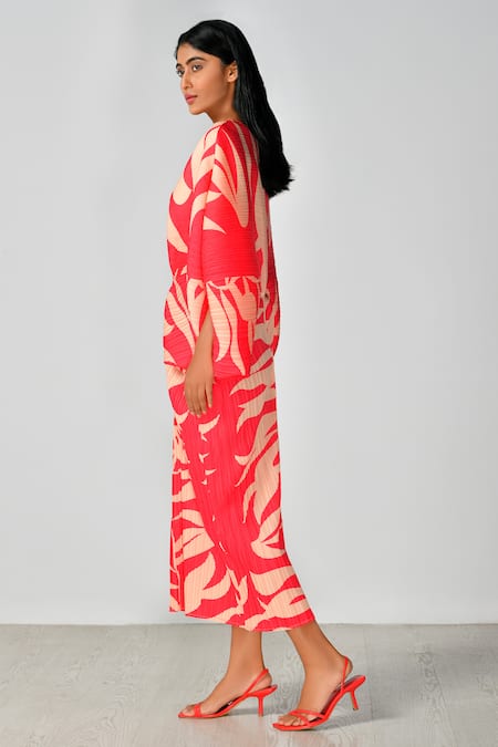 Crimp_Orange Polyester V-neck Abstract Print Dress _Online_at_Aza_Fashions