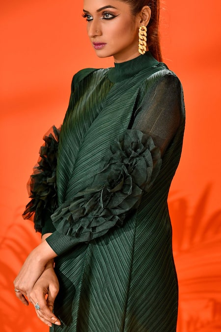 Crimp_Emerald Green Polyester Applique Round Neck Ruched Sleeve Dress_Online_at_Aza_Fashions