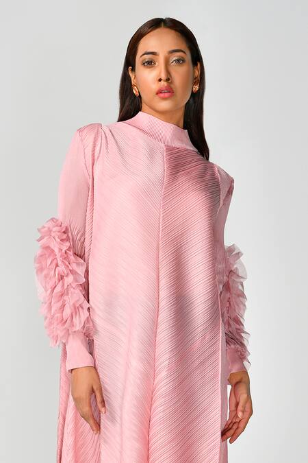 Crimp Pink Polyester Embroidery Round Neck Ruched Sleeve Midi Dress Online at Aza Fashions Crimp_Pink Polyester Embroidery Round Neck Ruched Sleeve Midi Dress_Online_at_Aza_Fashions
