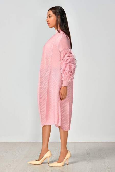 Buy_Crimp_Pink Polyester Embroidery Round Neck Ruched Sleeve Midi Dress_Online_at_Aza_Fashions