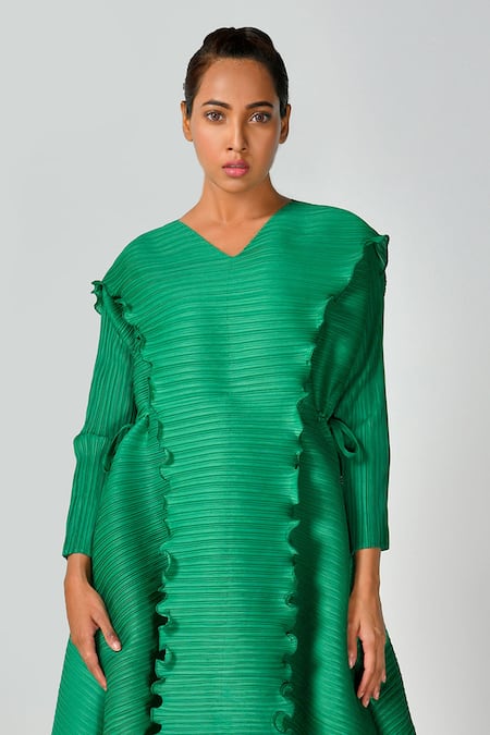 Crimp_Emerald Green Polyester V-neck Sunset Asymmetric Dress_Online_at_Aza_Fashions