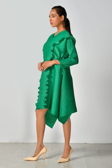 Buy_Crimp_Emerald Green Polyester V-neck Sunset Asymmetric Dress_Online_at_Aza_Fashions
