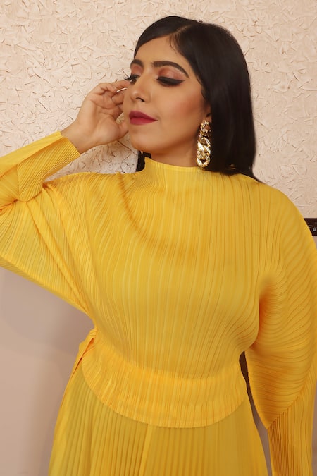 Crimp_Yellow Polyester Round Neck Ombre Shaded Dress_Online_at_Aza_Fashions