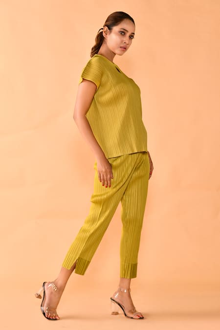Crimp_Green Polyester Embroidery Keyhole Neck Cord Work Top And Pant Set _Online_at_Aza_Fashions
