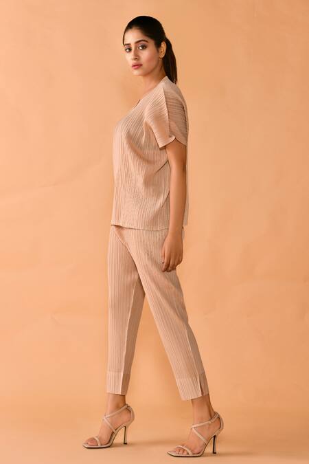 Crimp_Beige Polyester Embroidery Open Neck Vertical Pleated Top And Pant Set_Online_at_Aza_Fashions