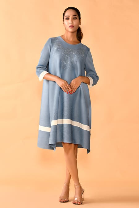 Crimp Blue Polyester Sequins Round Neck Yoke Embroidered Dress 
