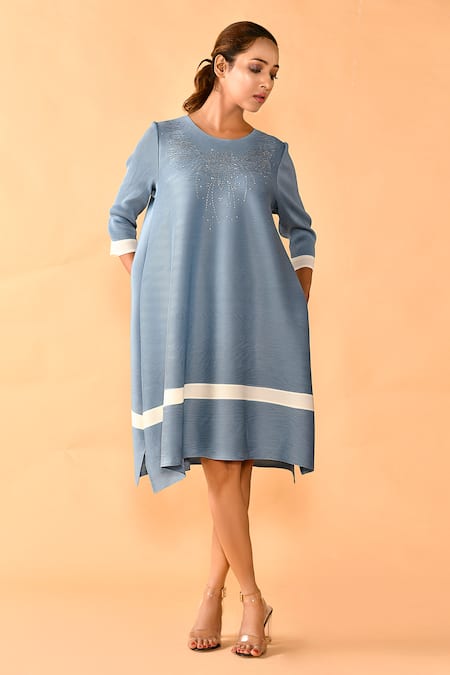 Crimp_Blue Polyester Sequins Round Neck Yoke Embroidered Dress _Online_at_Aza_Fashions