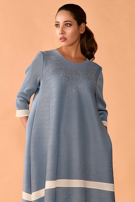 Buy Crimp Blue Polyester Sequins Round Neck Yoke Embroidered Dress Online at Aza Fashions Buy_Crimp_Blue Polyester Sequins Round Neck Yoke Embroidered Dress _Online_at_Aza_Fashions