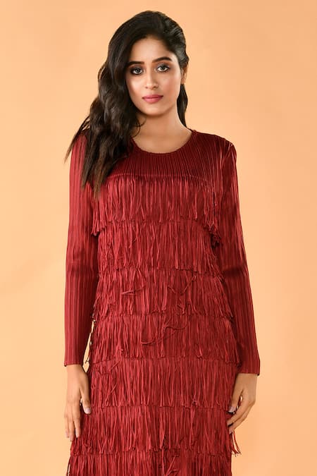 Crimp_Maroon Polyester Tassels Round Neck Fringe Embroidered Dress _Online_at_Aza_Fashions