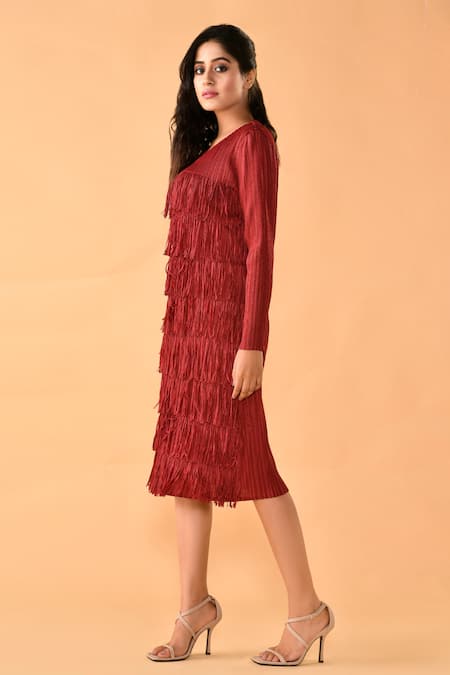 Buy_Crimp_Maroon Polyester Tassels Round Neck Fringe Embroidered Dress _Online_at_Aza_Fashions