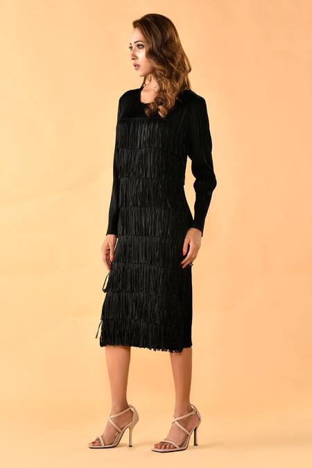 Crimp_Black Polyester Fringe Tassel Embroidered Dress_Online_at_Aza_Fashions