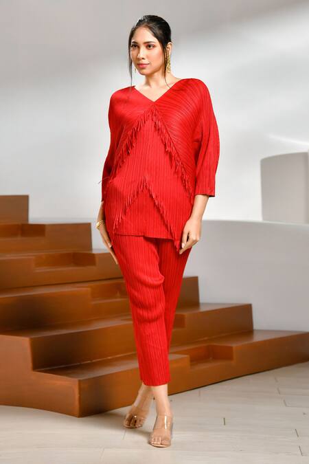 Crimp Red Polyester Fringe V-neck Tassel Embroidered Top And Pant Set