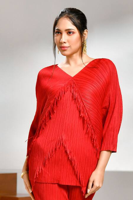 Crimp_Red Polyester Fringe V-neck Tassel Embroidered Top And Pant Set_Online_at_Aza_Fashions