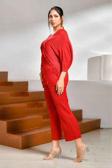 Shop_Crimp_Red Polyester Fringe V-neck Tassel Embroidered Top And Pant Set_Online_at_Aza_Fashions