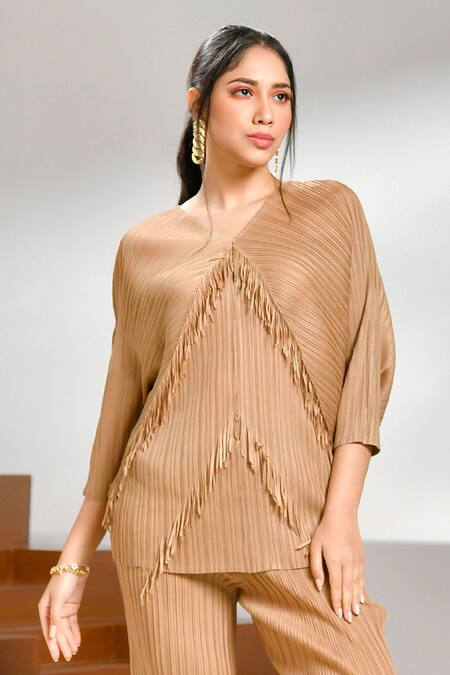 Crimp_Beige Polyester Fringe, Tassels V-neck Embroidered Top And Pant Set_Online_at_Aza_Fashions