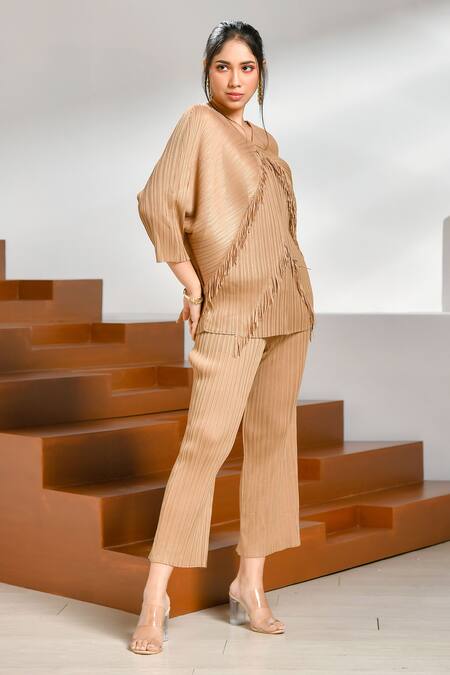 Shop_Crimp_Beige Polyester Fringe, Tassels V-neck Embroidered Top And Pant Set_Online_at_Aza_Fashions