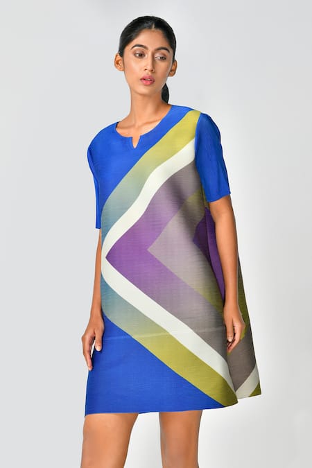 Crimp Blue Polyester Split V-neck Geometric Print Dress 