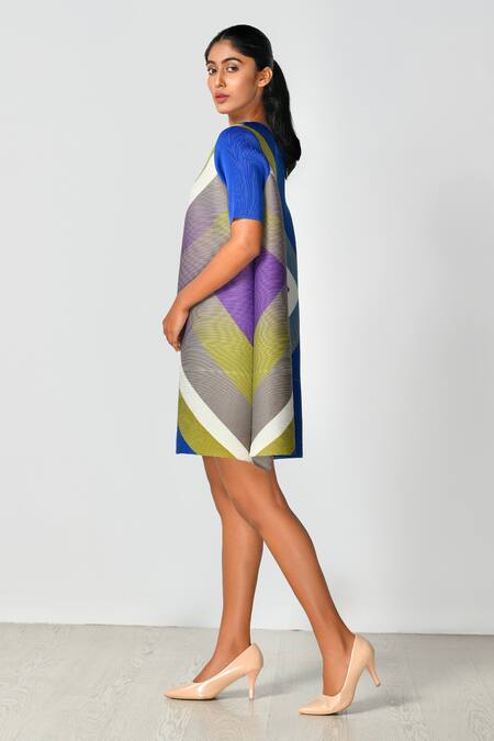 Buy_Crimp_Blue Polyester Split V-neck Geometric Print Dress_Online_at_Aza_Fashions