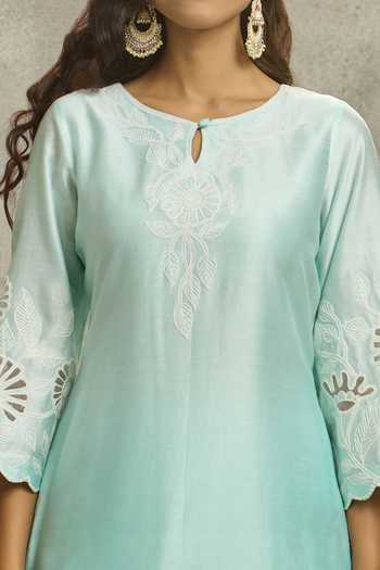 Buy_Surabhi Arya_Blue Silk, Chanderi, Organza Embroidery Round Neck Kurta Palazzo Set _Online_at_Aza_Fashions