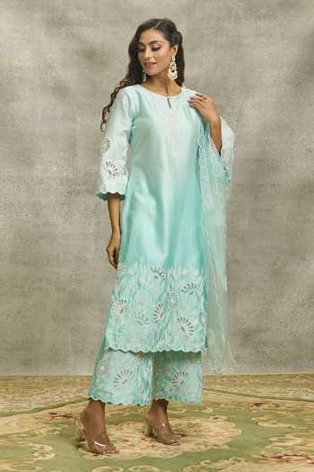 Surabhi Arya_Blue Silk, Chanderi, Organza Embroidery Round Neck Kurta Palazzo Set _at_Aza_Fashions