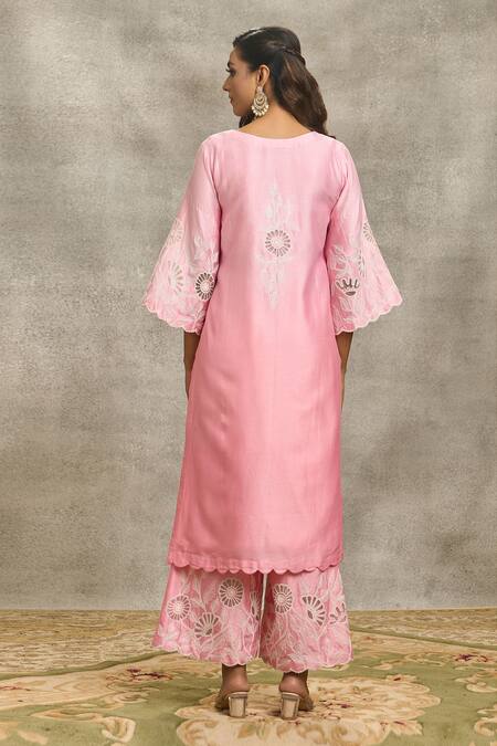 Shop_Surabhi Arya_Pink Silk, Chanderi, Organza Embroidery, Cut Work Round Dori Kurta Palazzo Set _at_Aza_Fashions
