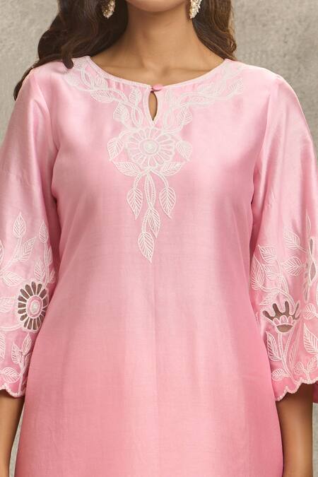 Shop_Surabhi Arya_Pink Silk, Chanderi, Organza Embroidery, Cut Work Round Dori Kurta Palazzo Set _Online_at_Aza_Fashions