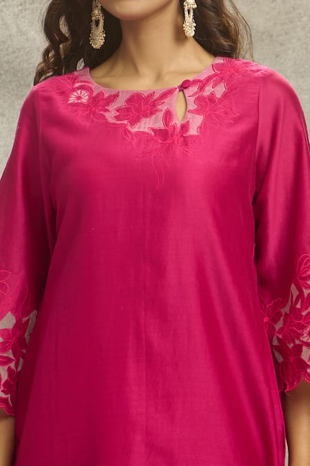 Buy_Surabhi Arya_Red Silk, Organza, Chanderi Embroidery, Cut Work Round Kurta Set With Dupatta _Online_at_Aza_Fashions